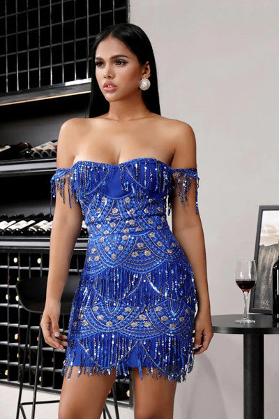 Load image into Gallery viewer, Sultry Blue Sequin Mini Dress for Night Out
