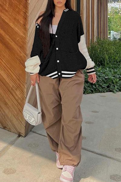 Load image into Gallery viewer, Undeniably Stylish: Casual Plus Size Baseball Jacket-Style Sweater
