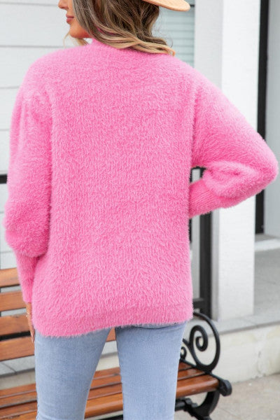 Luxurious Blend of Comfort and Elegance: Casual Slight Stretch Fuzzy Knitted Pink High-Neck All-Match