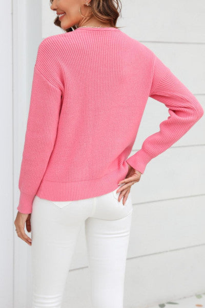 Load image into Gallery viewer, Pink Elegance: Slight Stretch Knitted V-Neck Sweater for Effortless Chic
