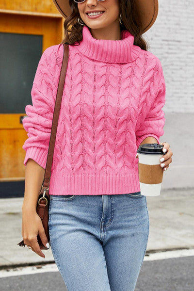 Luxurious Twist Knitted Pink Turtleneck Sweater for Fall