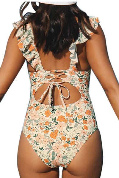 Load image into Gallery viewer, Chic Floral Print Deep V Ruffle Backless Swimsuit
