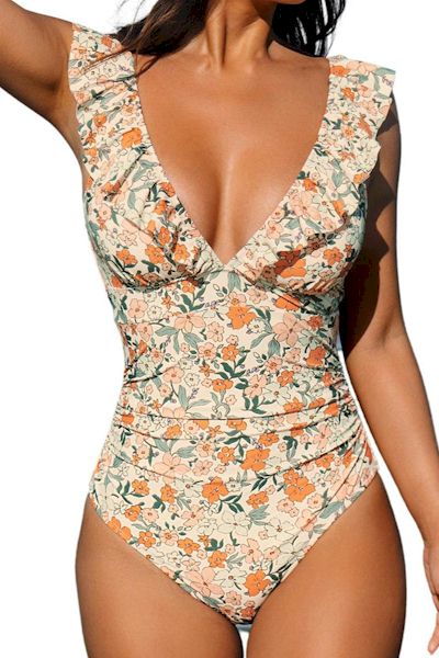 Chic Floral Print Deep V Ruffle Backless Swimsuit