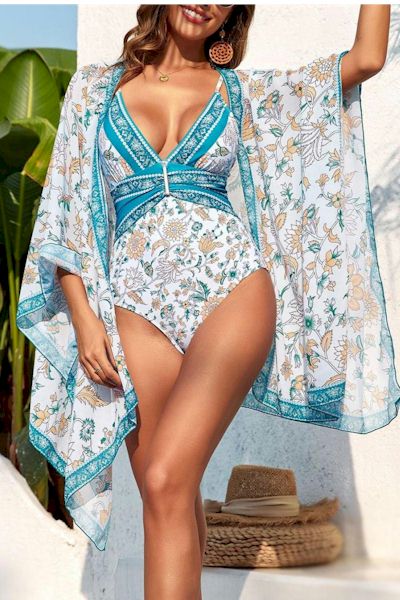 Load image into Gallery viewer, Chic Floral Print Plus Size One-Piece Swimsuit &amp; Cover-Up Set
