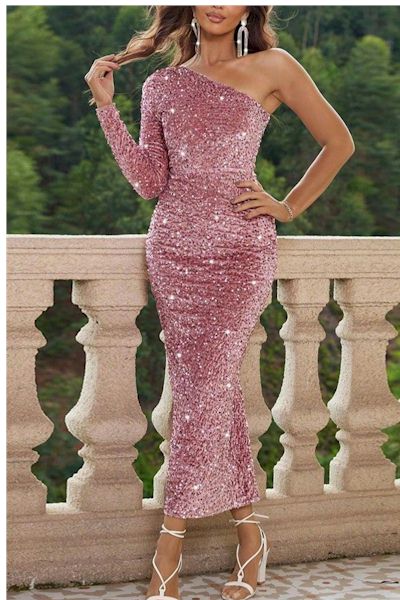 Load image into Gallery viewer, Sparkle and Shine in this Sequin One-Shoulder Midi Dress
