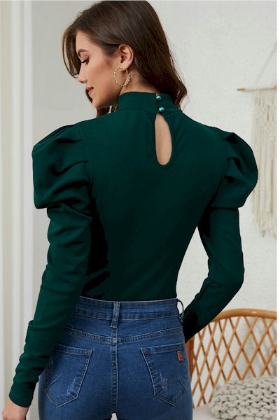 Load image into Gallery viewer, Green Puff Sleeve Keyhole Back Ribbed Knit Bodysuit: Bold, Stylish, and Comfortable
