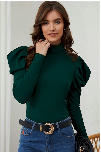 Load image into Gallery viewer, Green Puff Sleeve Keyhole Back Ribbed Knit Bodysuit: Bold, Stylish, and Comfortable
