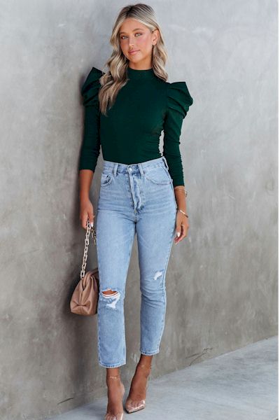 Load image into Gallery viewer, Green Puff Sleeve Keyhole Back Ribbed Knit Bodysuit: Bold, Stylish, and Comfortable
