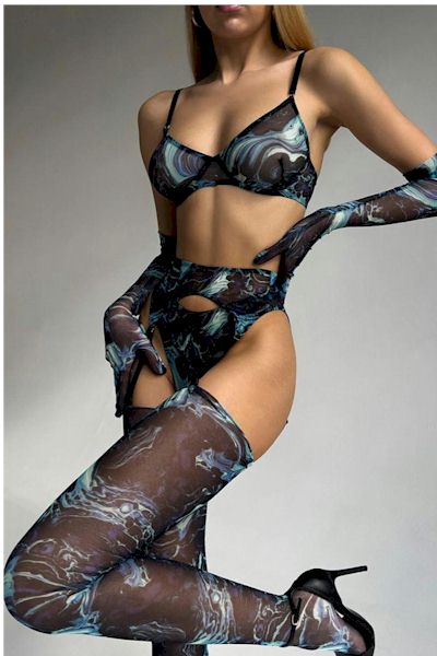 Load image into Gallery viewer, Groovy Glamour: Tie-Dye Garter Three-Piece Set with Underwire, Gloves &amp; Stockings
