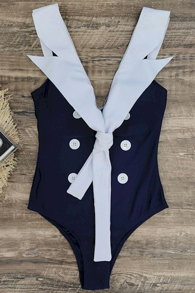 Load image into Gallery viewer, Navy Dream Colorblock Deep V One-Piece: Beach Bonanza Edition
