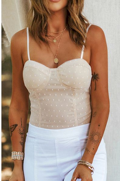 Nude Polka Dot Print Spaghetti Straps Bodysuit