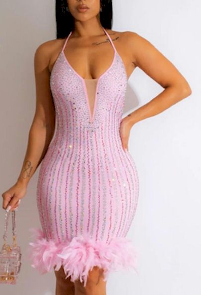 Slight Stretch Rhinestone Pink Mini Dress