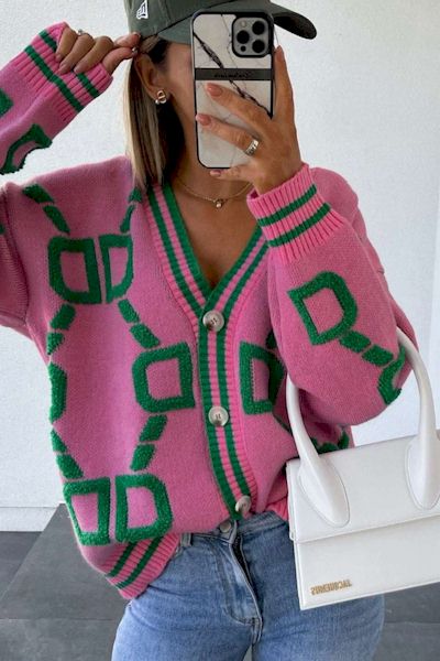 Statement-Making Oversized Sweater in AKA Pink and Green