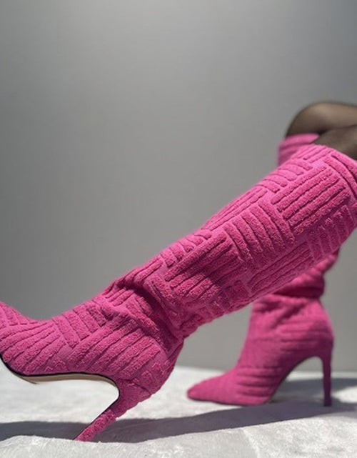 Load image into Gallery viewer, Stay Warm and Chic in Pink Sherpa Pointed High-Heel Boots
