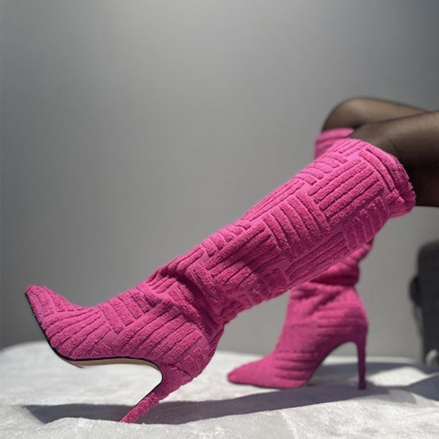 Stay Warm and Chic in Pink Sherpa Pointed High-Heel Boots