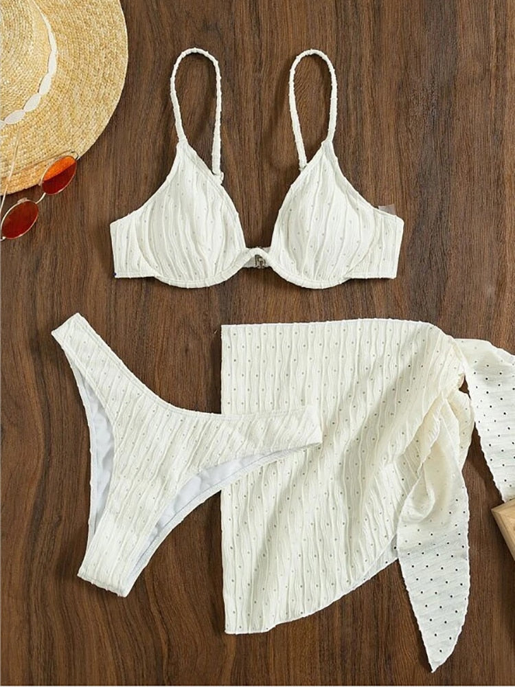 Head-Turner Alert: Stylish Solid Bandage Three Piece Bikini Set