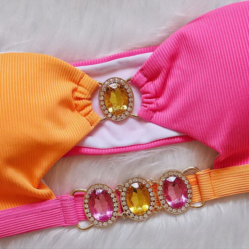 Rhinestone Radiance: Sparkle in the Sun with our Sexy Bandeau Swimsuit!