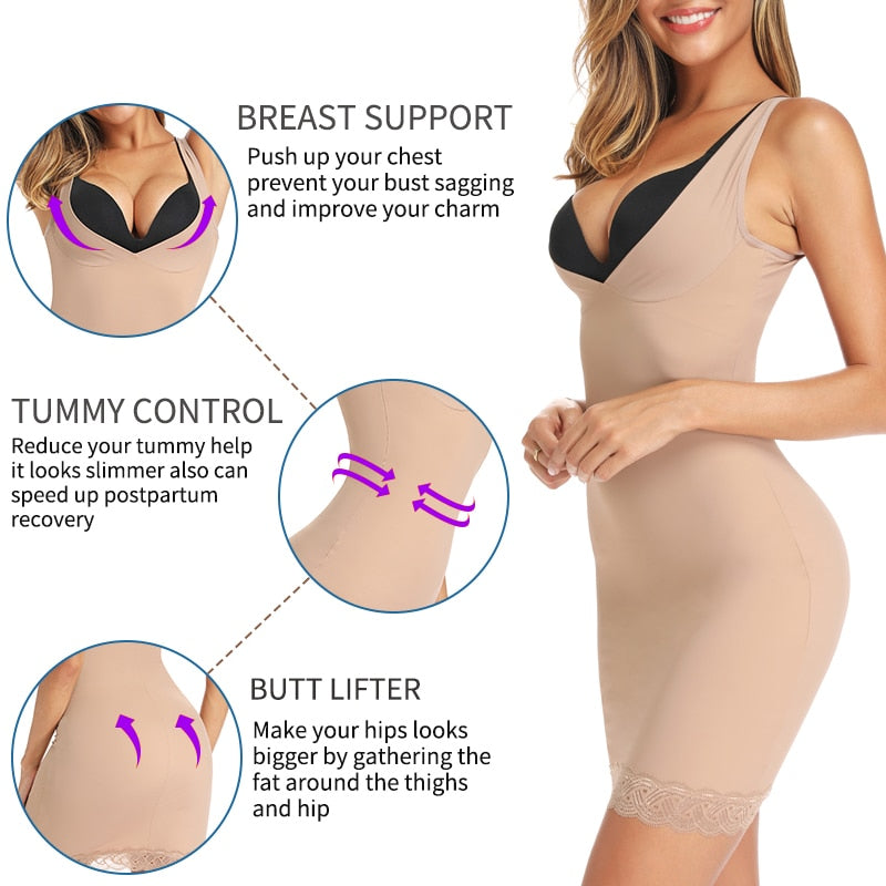 Full Slip Shapewear Dress Bodysuits with Lace Firm Control Waist Cinchers