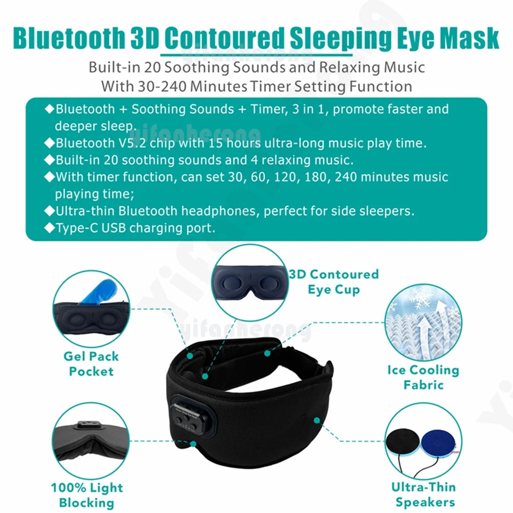 3D Bluetooth Sleep Eye Mask with Built-in Earphones – White Noise & Soothing Music