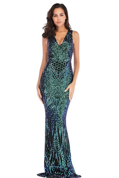 Sexy Deep V-Neck Embroidered Slim Evening Gown