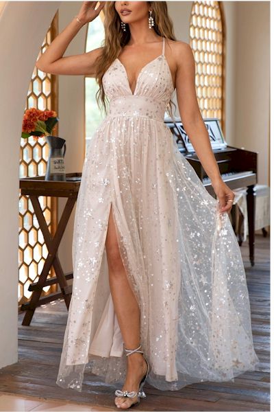 Load image into Gallery viewer, Sexy Mesh  Sequins Crossed Sling Backless Split Maxi Gown
