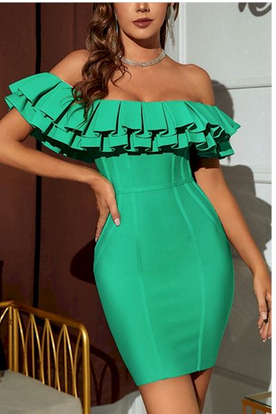 Load image into Gallery viewer, Sleek and Bold Green Layered Collar Mini Dress: Enhance Your Look and Exude Confidence
