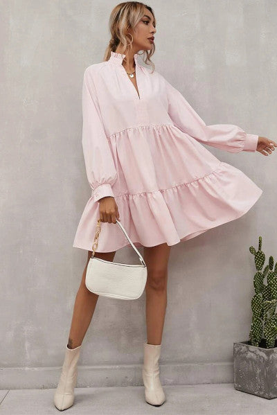 Vibrant Pink Frilled Stand Collar Long Sleeve Ruffle Dress