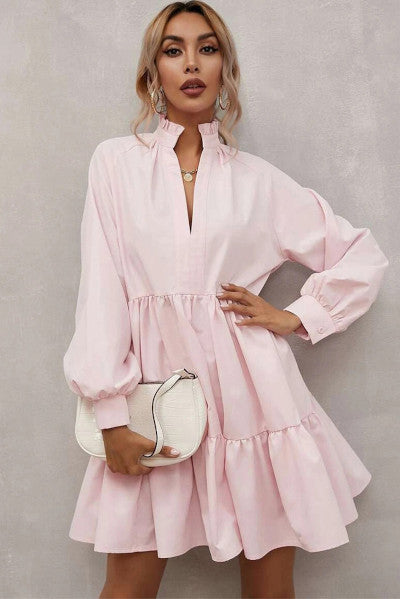 Vibrant Pink Frilled Stand Collar Long Sleeve Ruffle Dress