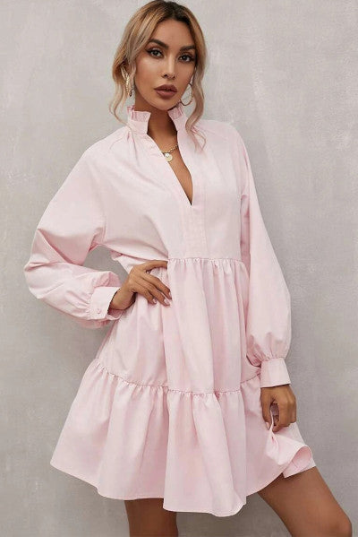 Load image into Gallery viewer, Vibrant Pink Frilled Stand Collar Long Sleeve Ruffle Dress
