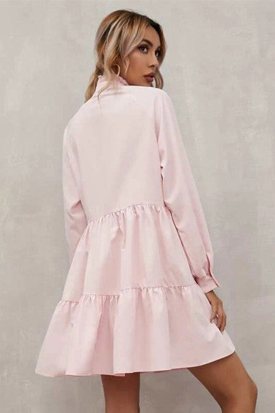 Vibrant Pink Frilled Stand Collar Long Sleeve Ruffle Dress