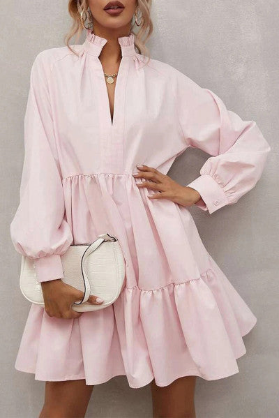 Load image into Gallery viewer, Vibrant Pink Frilled Stand Collar Long Sleeve Ruffle Dress
