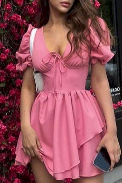 Stunning V-Neck Zip-Up Mini Pink Dress