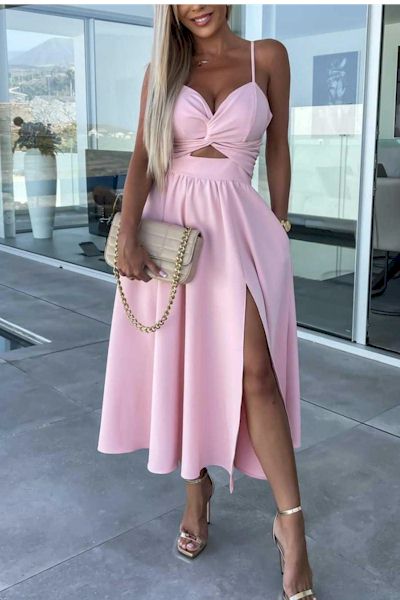 Load image into Gallery viewer, Barbie Pink Chic: Embrace Luxury with our Kinked Slit Midi Dress!
