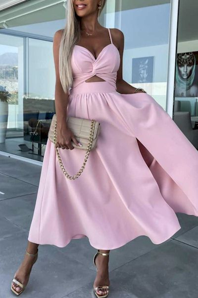 Barbie Pink Chic: Embrace Luxury with our Kinked Slit Midi Dress!