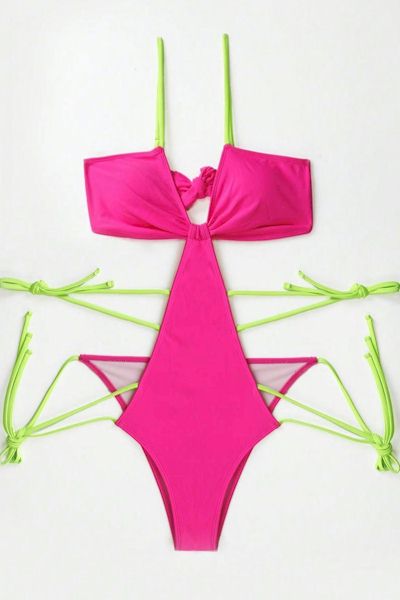 Make a Splash with this Pink and Green Sexy One-Piece Swimsuit