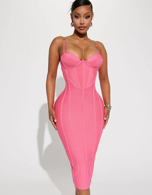 Load image into Gallery viewer, Barbie Pink Midi Dress with Slits and Metal Rhinestones: Dare to be Dazzling
