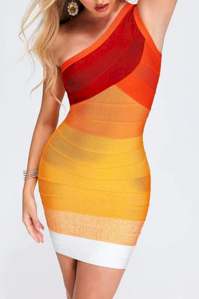 Load image into Gallery viewer, Showstopper Chic: Bewitching Bodycon with Gradient Stripe Shoulder Detail
