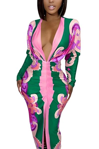 Elegance Redefined: Embrace Sophistication in our Pink and Green Print Midi Dress