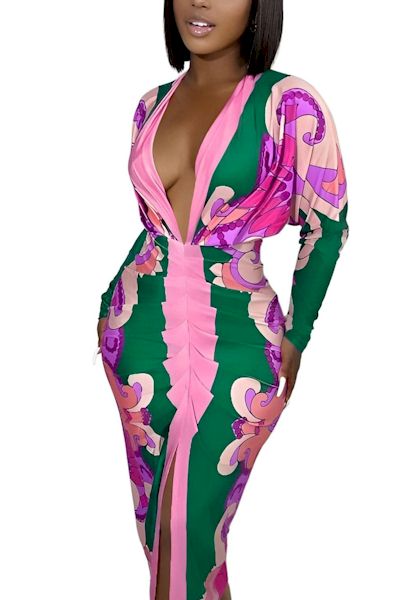 Elegance Redefined: Embrace Sophistication in our Pink and Green Print Midi Dress