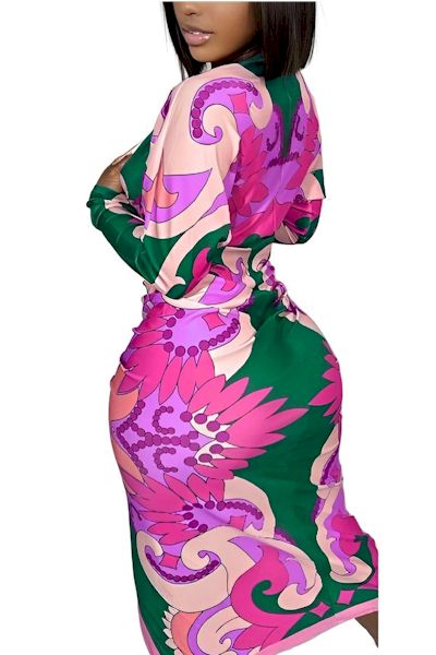 Load image into Gallery viewer, Elegance Redefined: Embrace Sophistication in our Pink and Green Print Midi Dress
