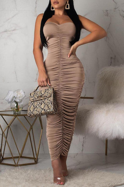 Load image into Gallery viewer, Sensual Brown Maxi Dress with Knit Shirring Tube Design for a Body-Hugging Look
