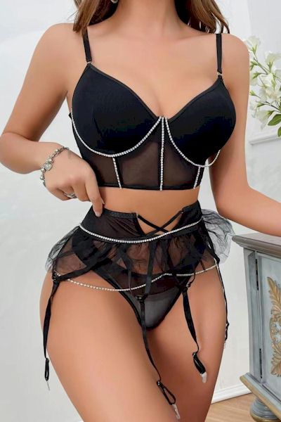 Sparkling Temptation: Rhinestone Chain Three-Piece Lingerie Set