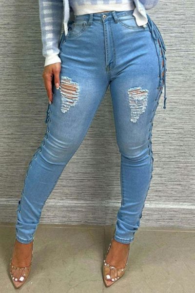 Load image into Gallery viewer, Stylish Slight Stretch High Waist Eyelet Lace-Up Hole Curvy Jeans Sizes S - 2XL
