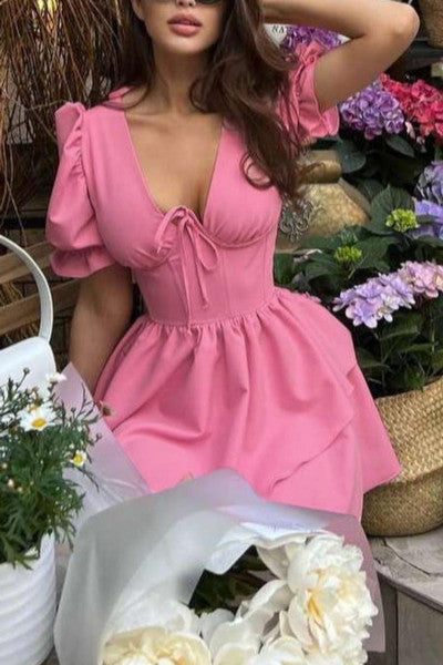 Stunning V-Neck Zip-Up Mini Pink Dress