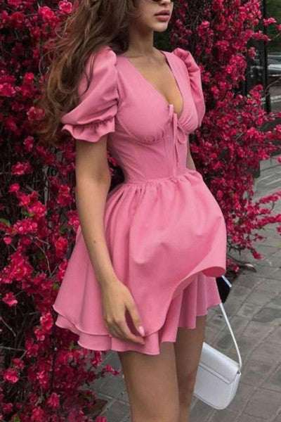 Stunning V-Neck Zip-Up Mini Pink Dress