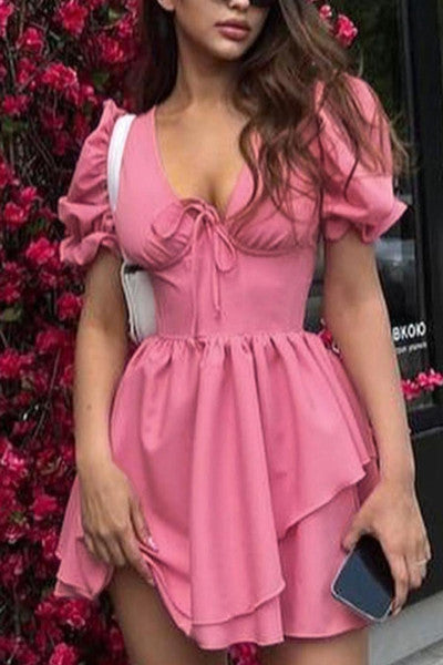 Stunning V-Neck Zip-Up Mini Pink Dress