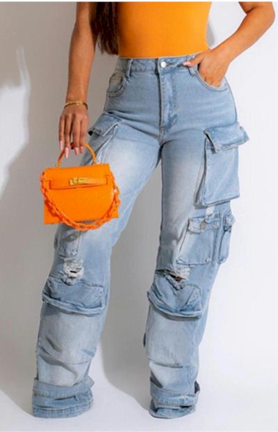 Load image into Gallery viewer, Confidence Meets Fashion: Non-Stretch Cargo Jeans in Sizes S - 2XL
