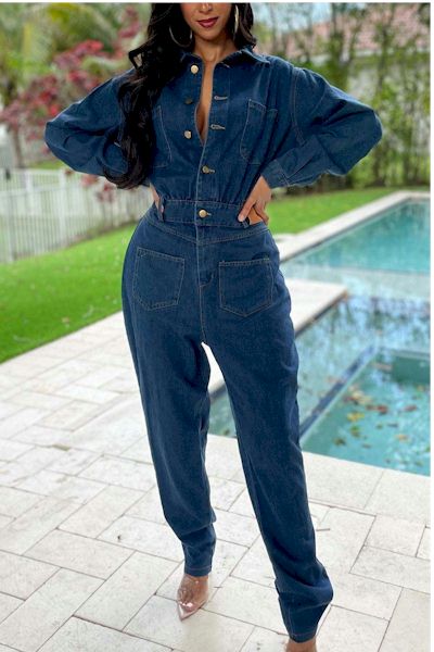 Load image into Gallery viewer, Denim Chic: Pure Color Single-Breasted Jumpsuit for Effortless Style
