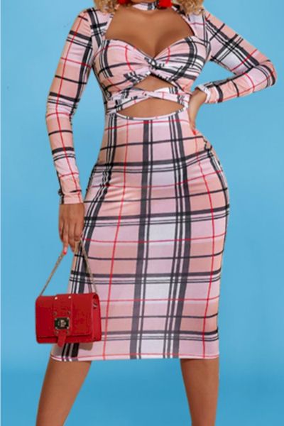 Load image into Gallery viewer, Sophisticatedly Sexy: Autumn New Lattice Printing Stretch Hollow Zip-up Back Bodycon Midi Dress
