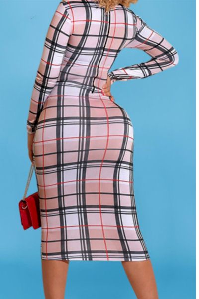 Sophisticatedly Sexy: Autumn New Lattice Printing Stretch Hollow Zip-up Back Bodycon Midi Dress